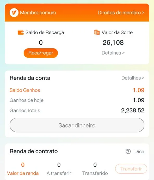Painel da plataforma mostrando ganhos totais e saldo