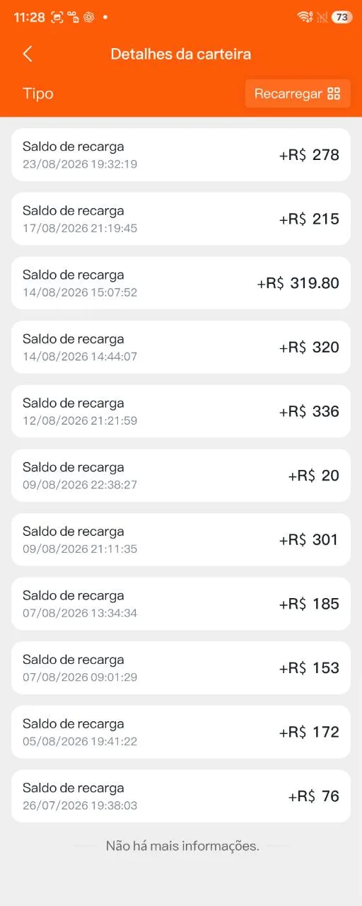 Histórico de recargas mostrado pela plataforma