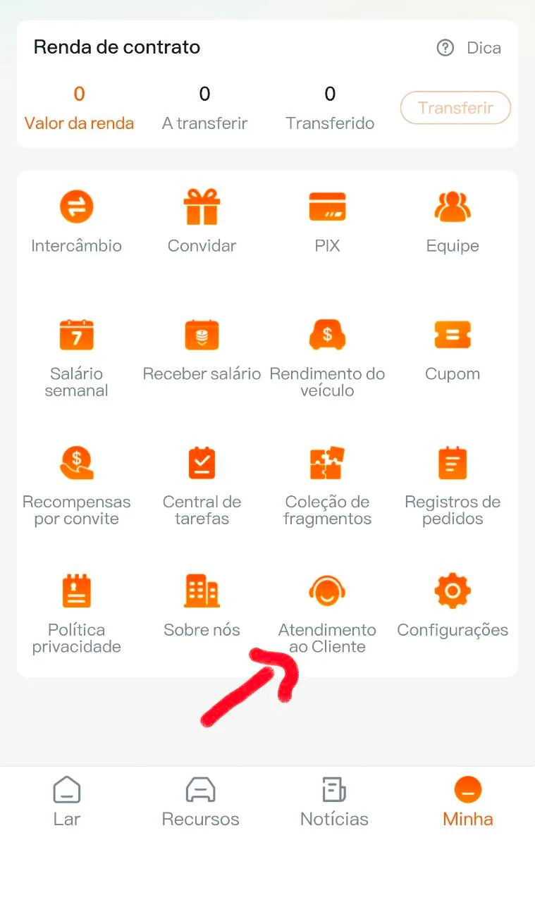 Tela Minha indicando o caminho para Atendimento ao Cliente
