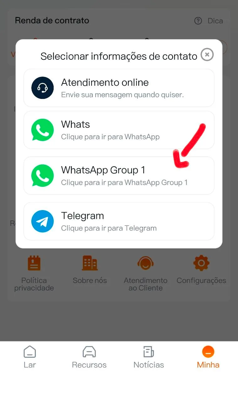 Canais de atendimento e grupo geral mostrados pela plataforma