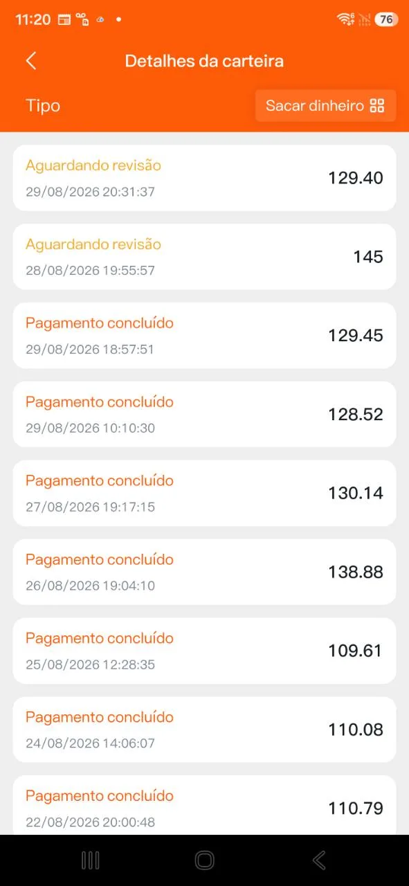 Histórico de pedidos de saque mostrado pela plataforma